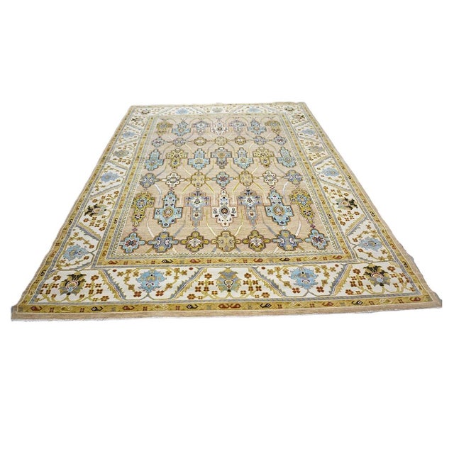 Afghan Sultanabad Wool 9X12 Tan, Green & Blue Handmade Area Rug #1143689 For Sale - Image 4 of 11