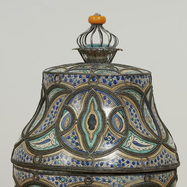 Moroccan Pair of Vintage Moroccan Terra Cotta and Metal Lidded Urns For Sale - Image 3 of 16