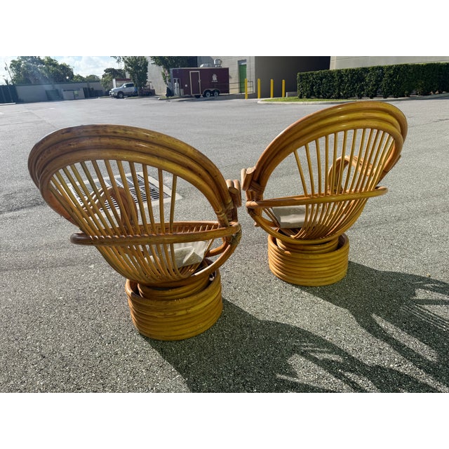 Tan Vintage Rattan Swivel Rocker Lounge Chairs and One Ottoman Set For Sale - Image 8 of 18