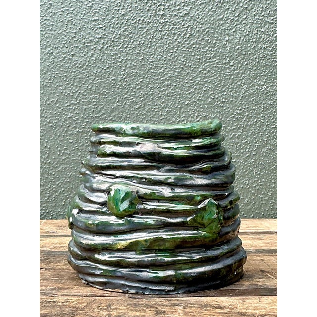 Vintage Abstract Green Glazed Ceramic Vase For Sale - Image 10 of 13