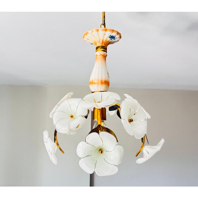Mid-Century Italian Vintage Porcelain & Murano Glass Daisy Chandelier Add timeless Italian artistry to your home with this...