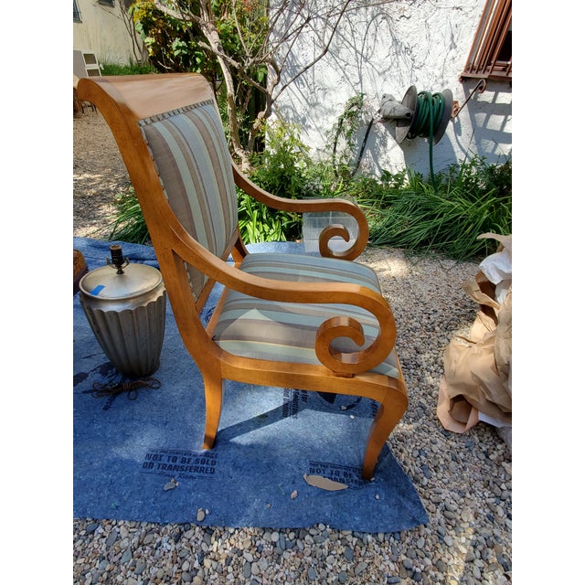 Neoclassical Scroll-Arm Accent Chair, Striped Upholstery, Wood Frame, For Sale - Image 3 of 4