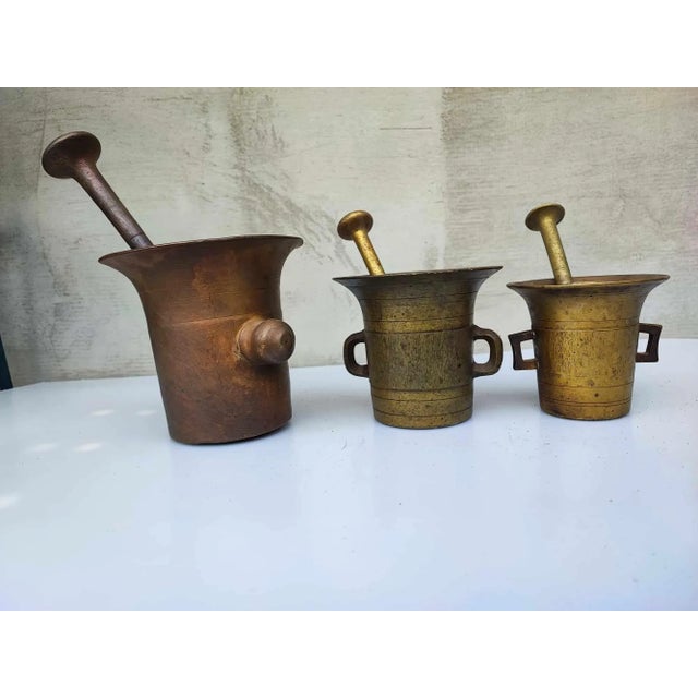 Pre-war, bronze, mortar, set of 3, dimensions: highest mortar height 15.5 cm, diameter - 16.5 cm, total height with hammer...