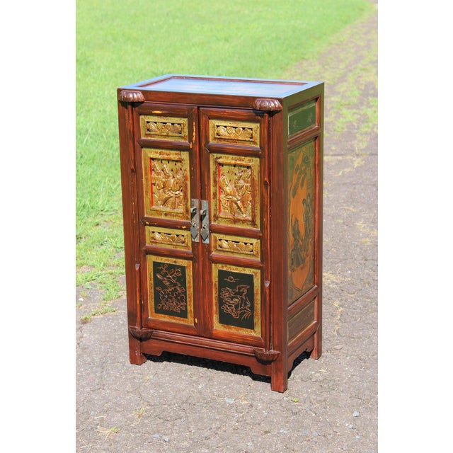 1980s Chinoiserie Cabinet With Carved and Painted Panels For Sale - Image 17 of 17