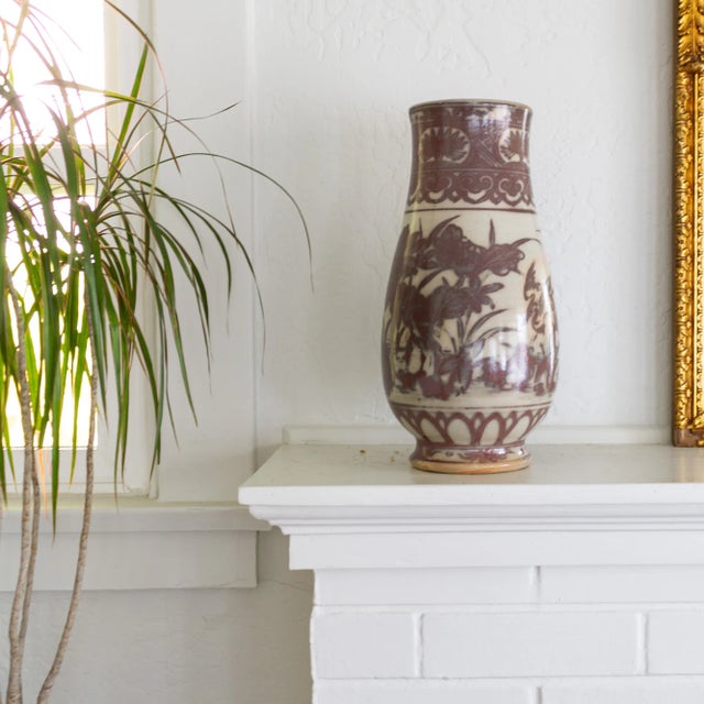 Large Early 20th Century Ming Style Vase With Mauve Cranes and Lotus Flowers For Sale - Image 10 of 11