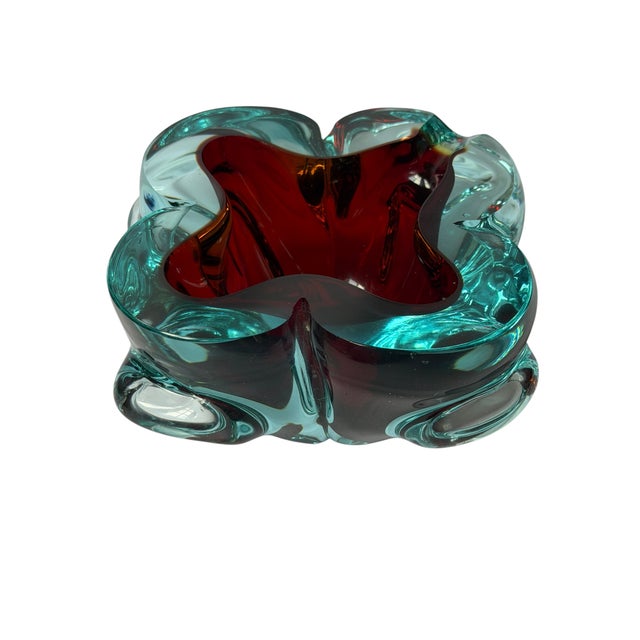 1960s Italian Murano Sommerso Ruby Red & Aqua Art Glass Bowl / Ashtray For Sale - Image 11 of 18