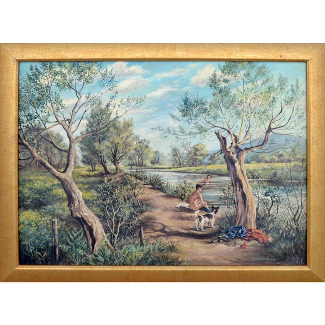 Textile Afternoon Swim, Mid Century Figurative Landscape by H. Milton Snyder For Sale - Image 7 of 7