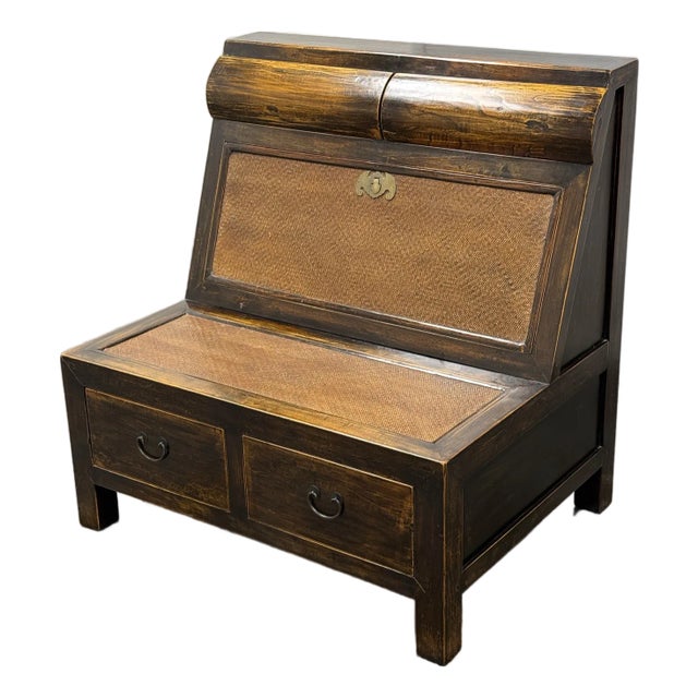 Asian Wooden Storage Bench + Cane Panels, Vintage For Sale