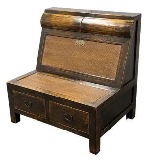 Asian Wooden Storage Bench + Cane Panels, Vintage