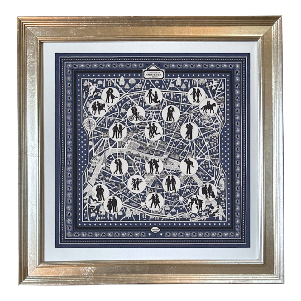 Hermes Les Nouveaux Amoureux De Paris Framed Vintage Silk Scarf