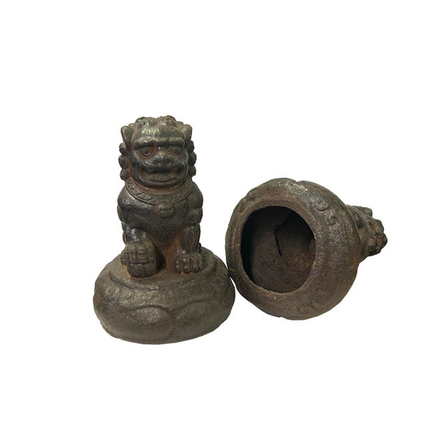 2010s Pair Rustic Chinese Iron Foo Dog Lion on Round Base FengShui Figures For Sale - Image 5 of 5