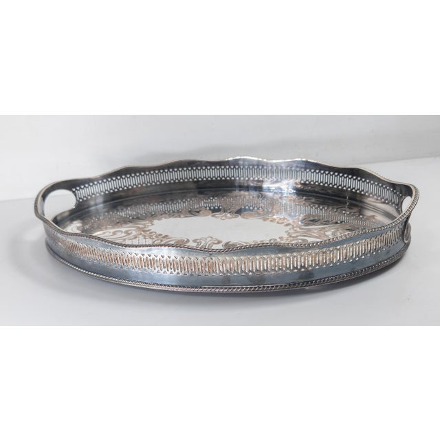 Mid-Century English Sheffield Silverplate Drinks Serving Tray With Gallery in Victorian Style For Sale In New York - Image 6 of 12