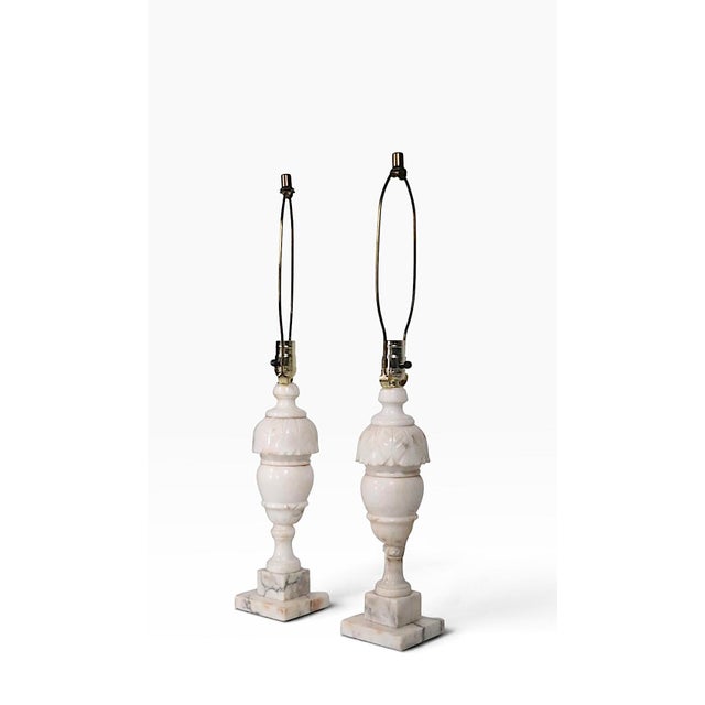Pair of vintage carved alabaster table lamps, in very good, original, clean, working and ready to use condition, showing...
