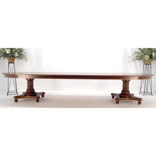 Banded Oval Racetrack Shape Carved Double Pedestal Burl Walnut 13' Long Dining For Sale - Image 11 of 11