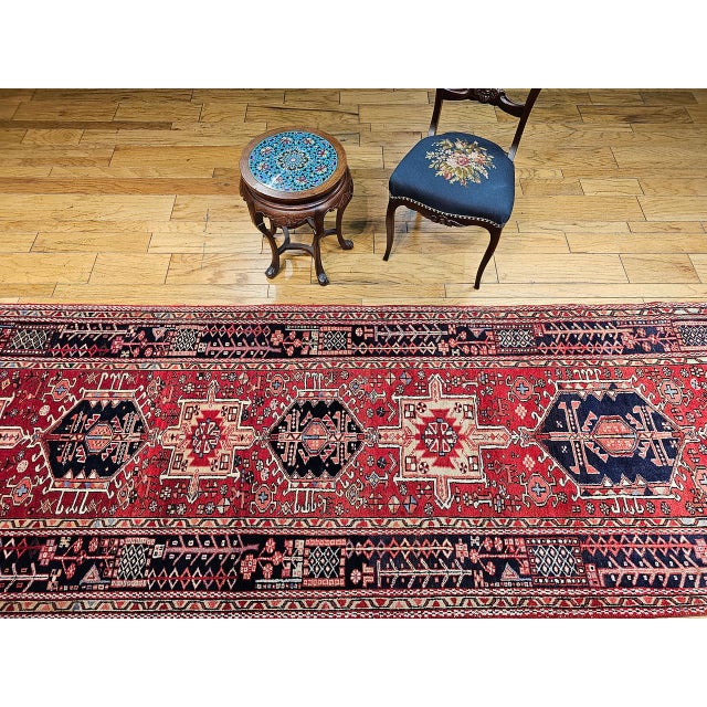 Red Antique Persian Heriz Karajeh Runner, Hand-Knotted Wool, Geometric Medallion Pattern, Red & Navy, 4x14 For Sale - Image 8 of 18