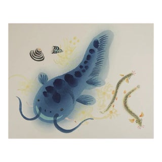Mid 20th Century Japanese Mingei Folk Art Stencil Catfish Print For Sale
