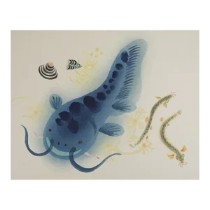 Mid 20th Century Japanese Mingei Folk Art Stencil Catfish Print