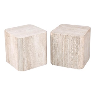 Large Scale Organic Modern Travertine Stone Cube Side Tables or Pedestals - Pair For Sale