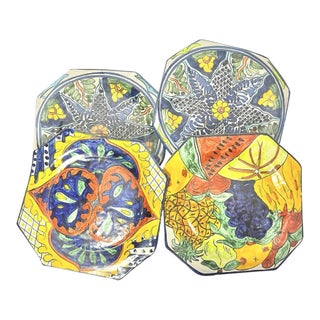 1960s Vintage Onofre Talavera Mexican 4 Octagon Decorative Hanging Dinner Plates For Sale