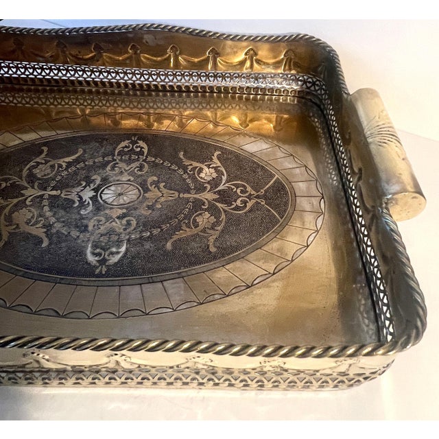 Art Deco Brass Silverplate Tray Pierced Decorative Gallery and Large Cylindrical Handl For Sale - Image 3 of 12