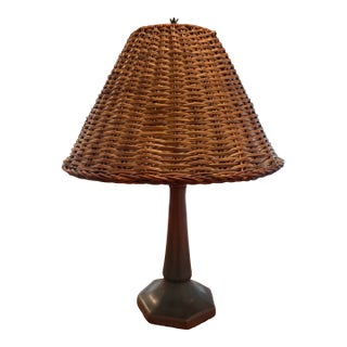 Vintage Van Briggle Matte-Glazed Pottery Table Lamp With Woven Rattan Shade For Sale