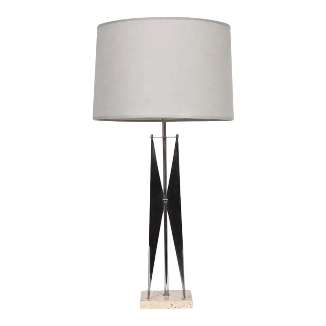 1960s Tall Maurizio Tempestini Chrome & Travertine "Geometric" Table Lamp For Sale
