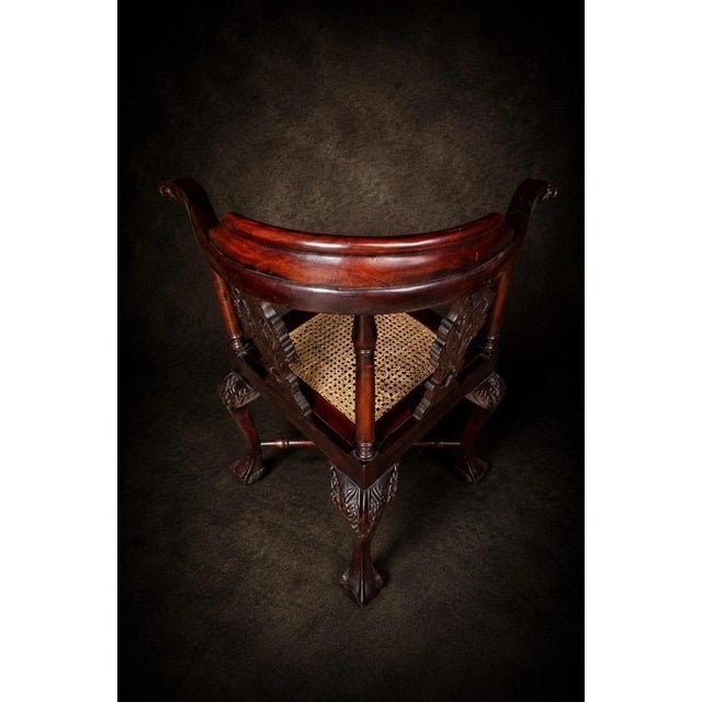 19th Century Chippendale Carved Mahogany Corner Chairs with Cane Seats and Cushions, 1890s, Set of 2 For Sale - Image 5 of 9