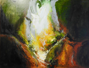 "Fire & Earth" Lush Rock Cavity Mountainside, Juniper, Pine, and Cider Painting