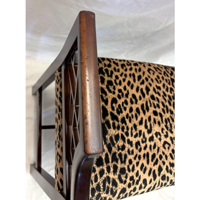 Vintage Fretwork Curved Arm Vanity Stool/ Bench With New Leopard Upholstery For Sale - Image 9 of 18