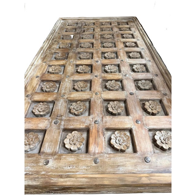 Mid-Century Modern Antique Brown Lotus Carved Coffee Table – Handcrafted Rustic Statement Center Table 74 For Sale - Image 3 of 8