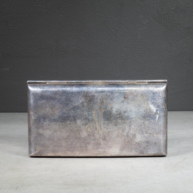 Mid-Century Modern Monogrammed "M" Silver Plated Cigarette Box c.1950 For Sale - Image 3 of 9
