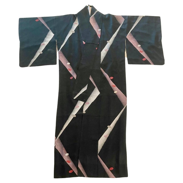 Japonisme Vintage Japanese Silk Meisen Kimono with Geometrical Design For Sale - Image 3 of 11