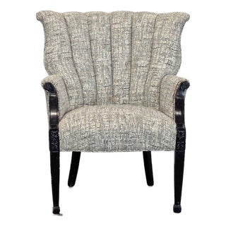 Classic Upholstered Wingback Lounge Chair With Carved Wood Arms and Legs For Sale