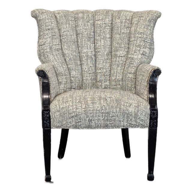 Classic Upholstered Wingback Lounge Chair With Carved Wood Arms and Legs For Sale