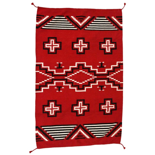 Vintage Southwestern Red Navajo Kilim Hand Woven Wall Hanging Rug. Made of 100% Wool. This wall hanging features typical...