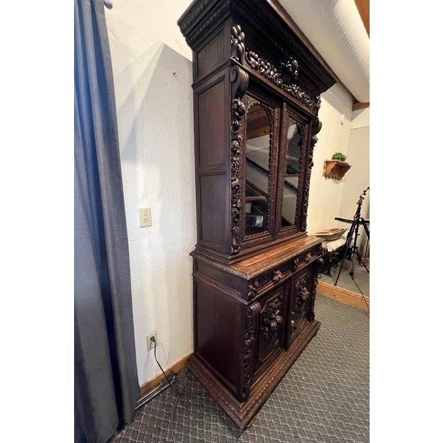 Rustic European Antique French Normandy Hand Carved Oak Hutch – 19th Century Cabinet For Sale - Image 3 of 7