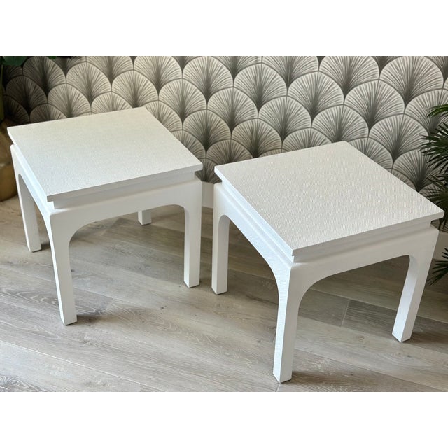 Faux Rattan Woven Linen "Leta" Arched Side Tables by Made Goods - Pair For Sale - Image 10 of 15