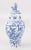 A lovely petite antique Delft Chinoiserie faience cobalt blue and white lidded vase by Boch Keramis, a well-known Belgian...