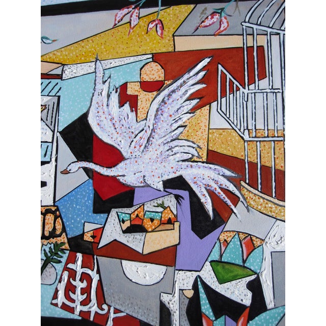 Interior with Picasso by Louis Recchia | Oil on canvas Woman holding a fox in a colorful interior scene. For Sale - Image 4 of 4