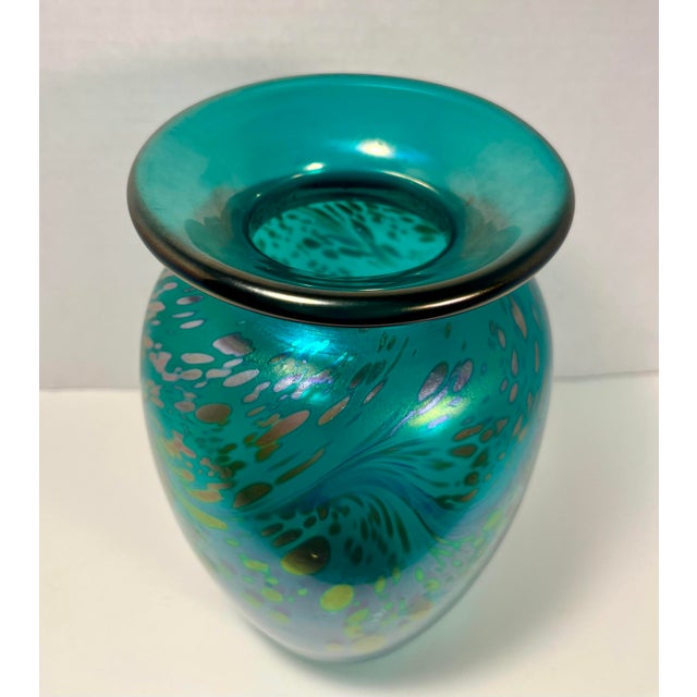 Mid-Century Modern Rare Vintage Murano Iridescent Splatter Turquoise Art Glass Vase 10.5" For Sale - Image 3 of 7