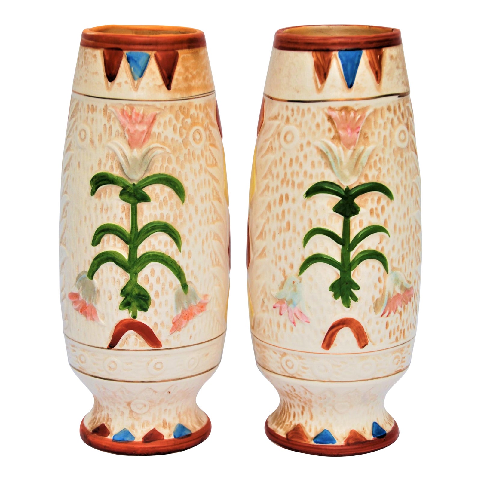 Pair of Hand Painted Vintage Arts and Crafts Style Vases by Pacific