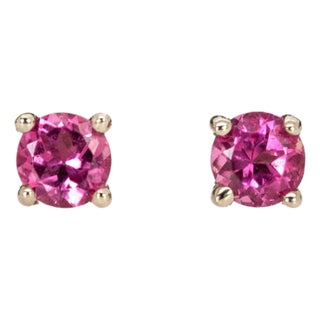 Round 3mm - Pink Tourmaline Solitaire Studs in Solid 14k White Gold- Set of 2 For Sale