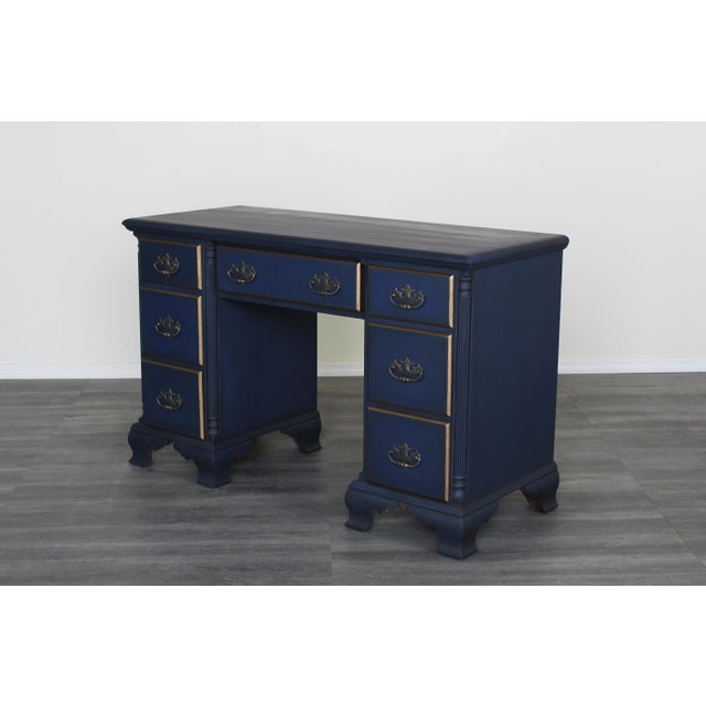 Vintage solid built desk of seven drawers with dovetail joints This desk is painted in blue and gold with antique glaze...