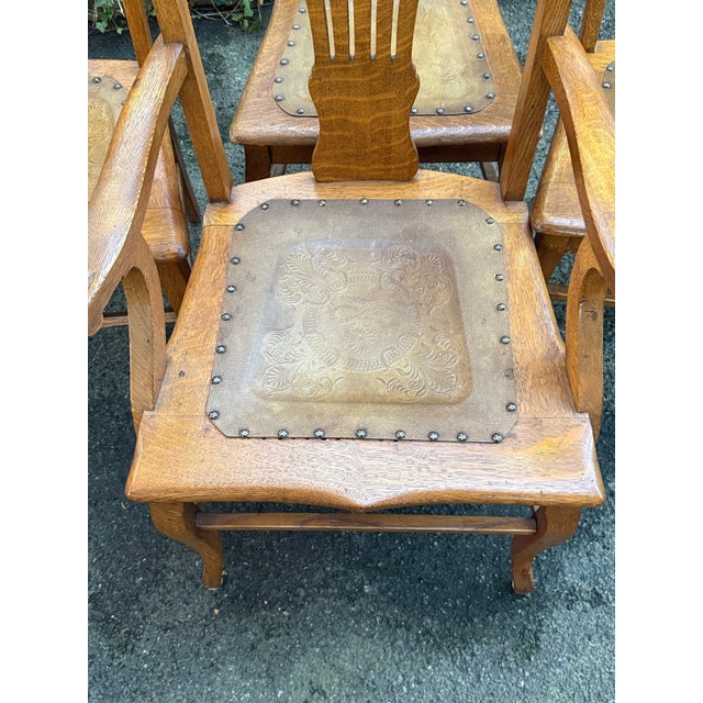 English Antique Quarter-Sawn Oak Dining Chairs With Embossed Leather Seats - Set of 4 For Sale - Image 3 of 12