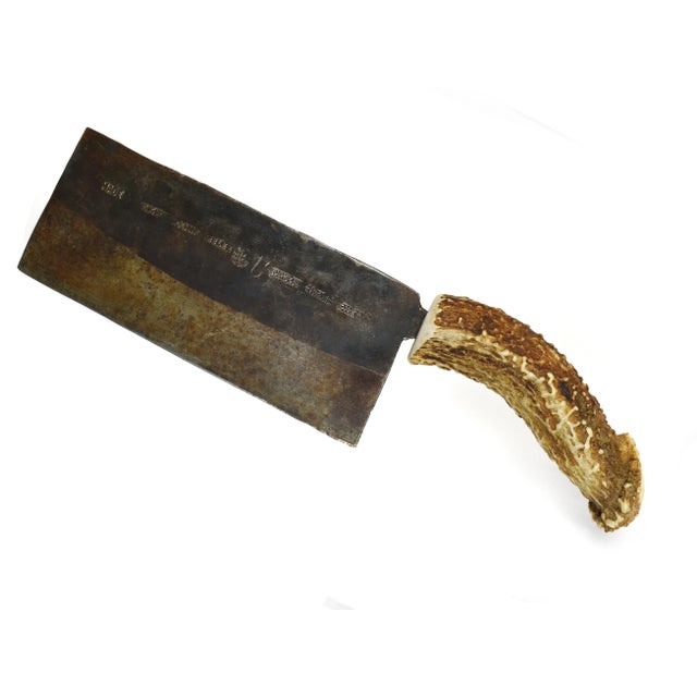 Early 20th Century Primitive Kitchen Cleaver With Antler Handle, Made in Hong Kong For Sale - Image 10 of 10