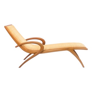 John Louis Graz Chaise Longue C. 1950s Curved Wood & Inset Woven Raffia Modern For Sale