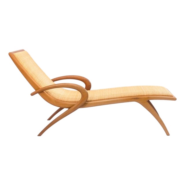 John Louis Graz Chaise Longue C. 1950s Curved Wood & Inset Woven Raffia Modern For Sale