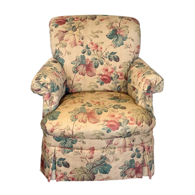 1990s Highland House Floral Slipcovered Swivel Armchair With Skirt & Casters For Sale - Image 6 of 12