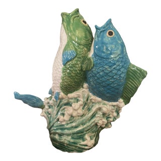 Vintage Ceramic Vase 2 Fish Double Koi Blue Green Majolica Thomas Sergent For Sale