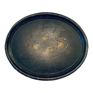 Antique Small Lacquer Tole Tray Ebony Woven Basket Filled With Painted Pomegranates in Gold, Orange & Green